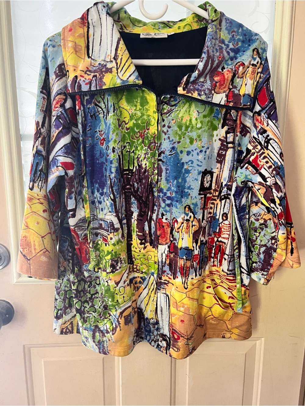 Michael Leu sz L zip up,3/4 sleeve, wide zip up collar with draw string jacket.